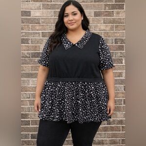 Take 50% OFF- SHEIN Black Floral Blouse with Peter Pan Collar, Size-2XL
